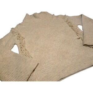 Woolrich Turtleneck Sweater Womens‎ Large Beige Fringe Boho Hippy Wool Blend